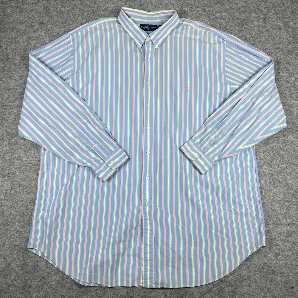 VTG Ralph Lauren Shirt Mens 3XLT Tall Blue Pink Pony Striped Long Sleeve 90s